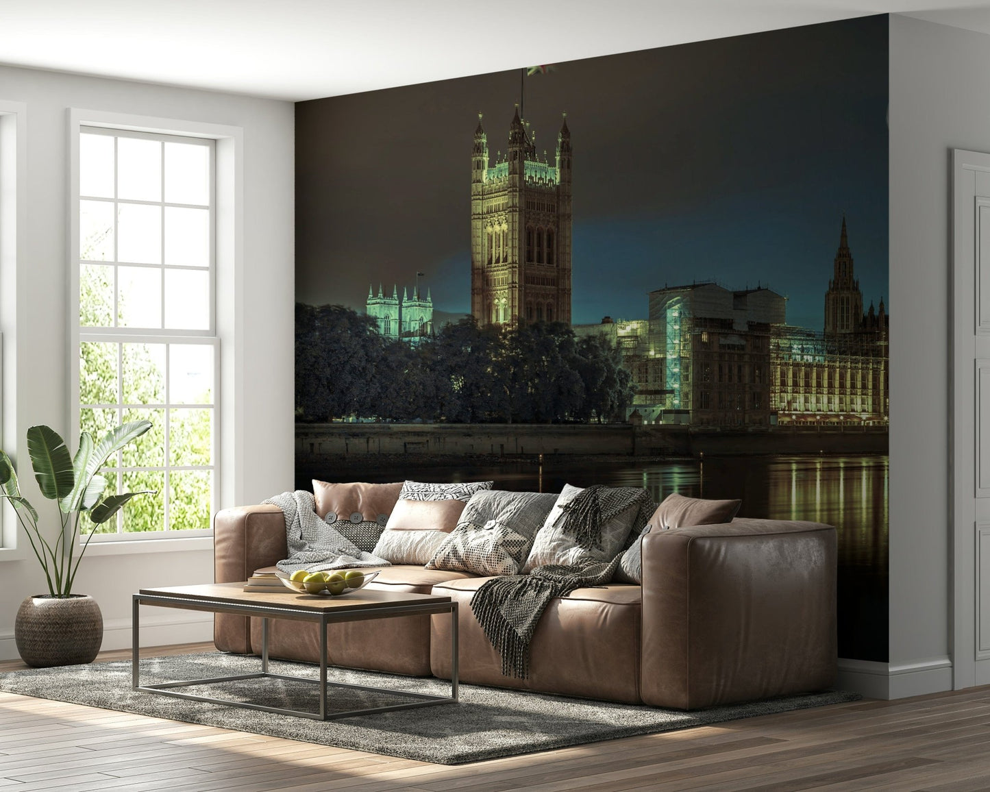 Decorative Westminster Abbey mural, unique dramatic night lighting.