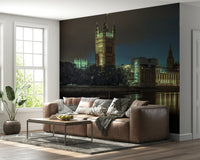 Decorative Westminster Abbey mural, unique dramatic night lighting.