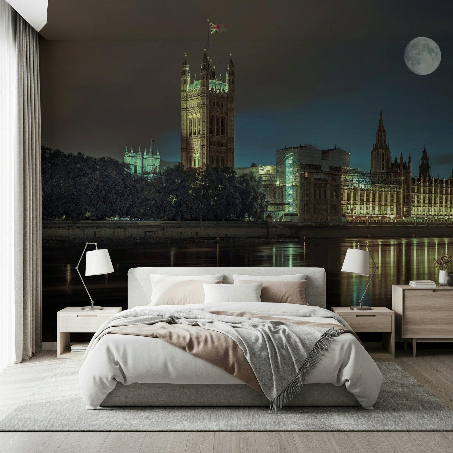 Westminster Abbey lights wallpaper, dramatic river reflection view.