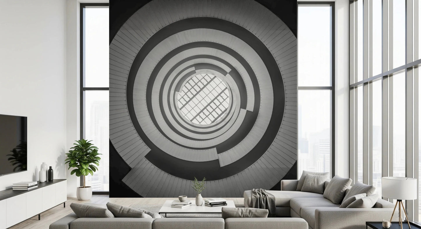 Spiral Ascent Wall Mural styled in a modern Living room beside a sleek vanity area