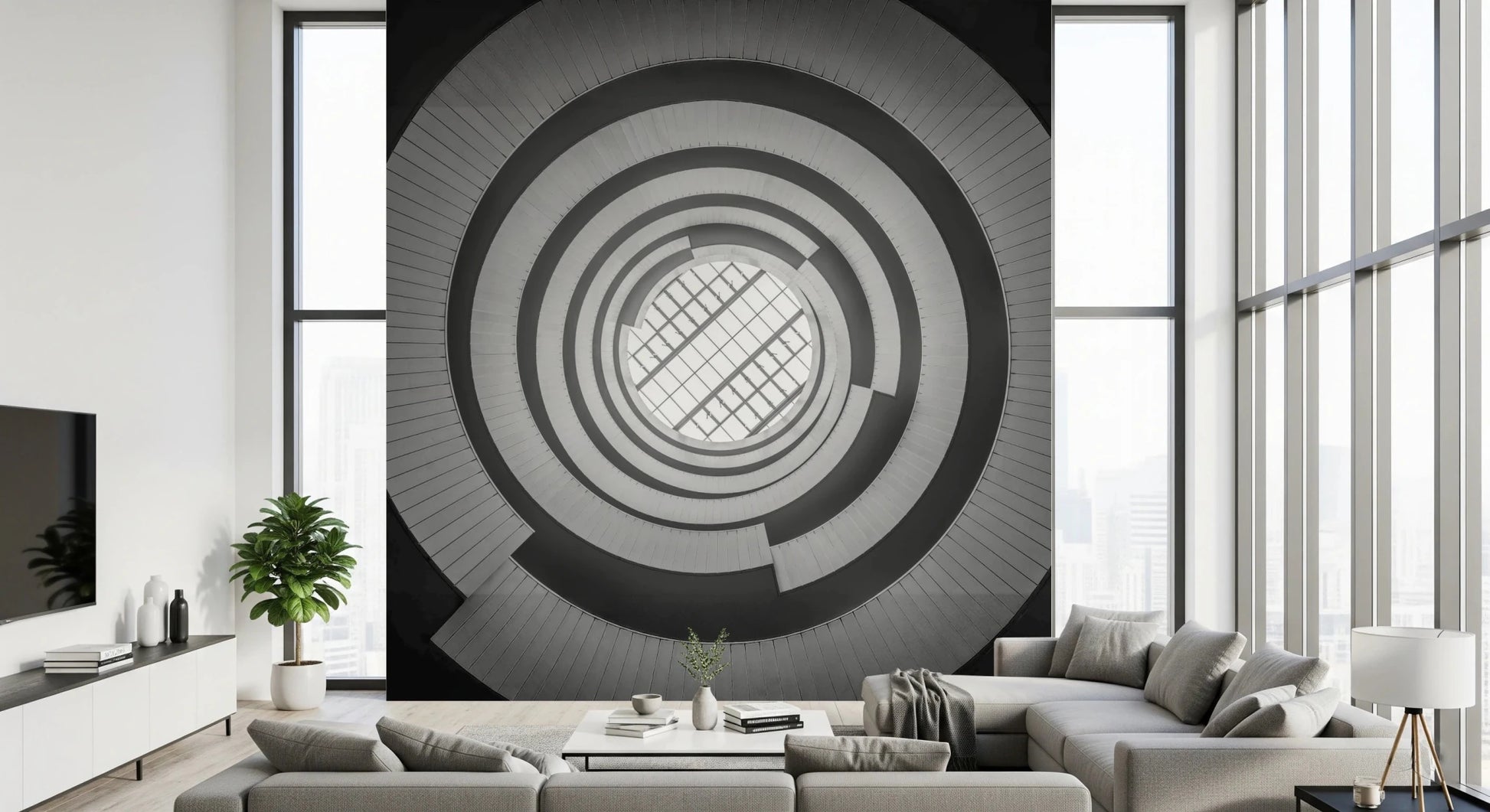 Spiral Ascent Wall Mural styled in a modern Living room beside a sleek vanity area