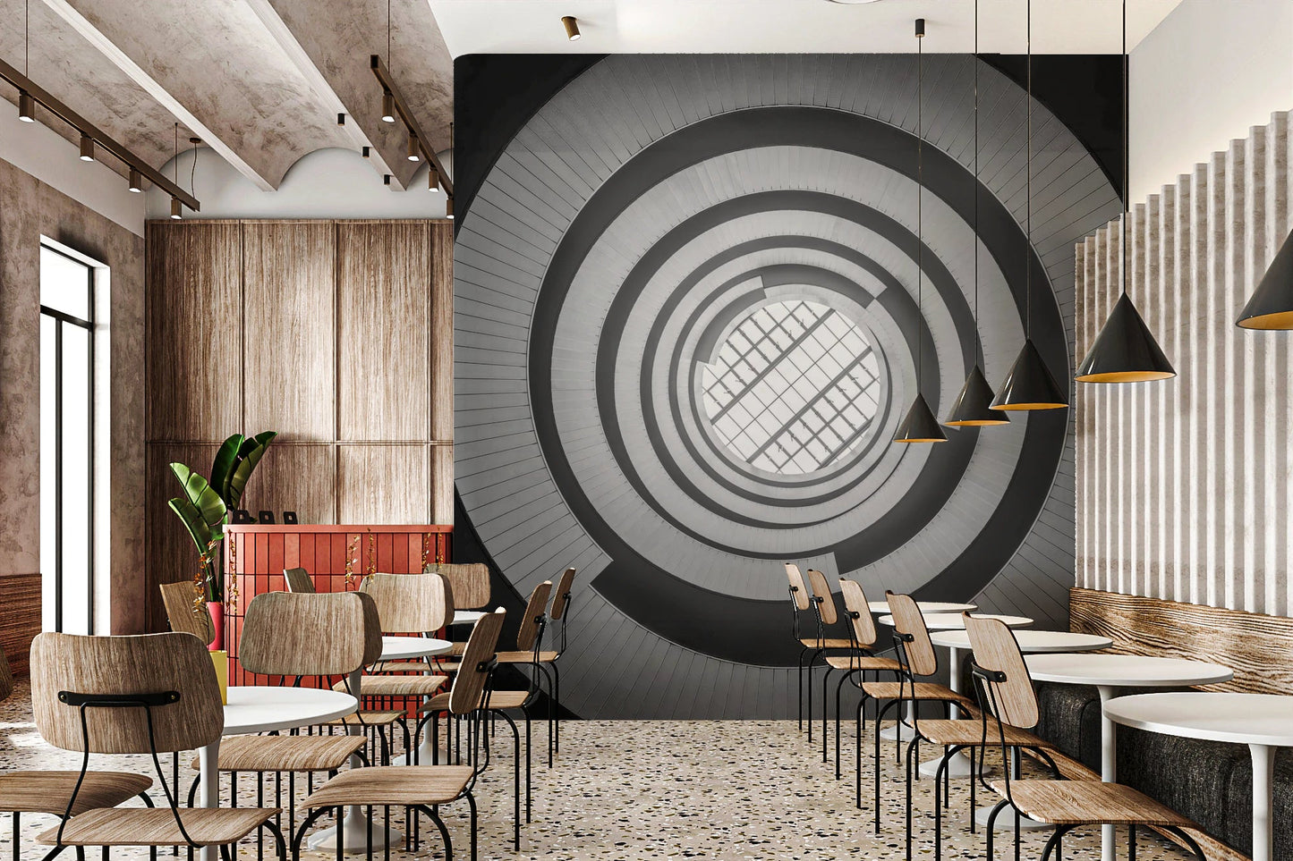 Spiral Ascent Wall Mural set in an airy Cafe with wood and natural light