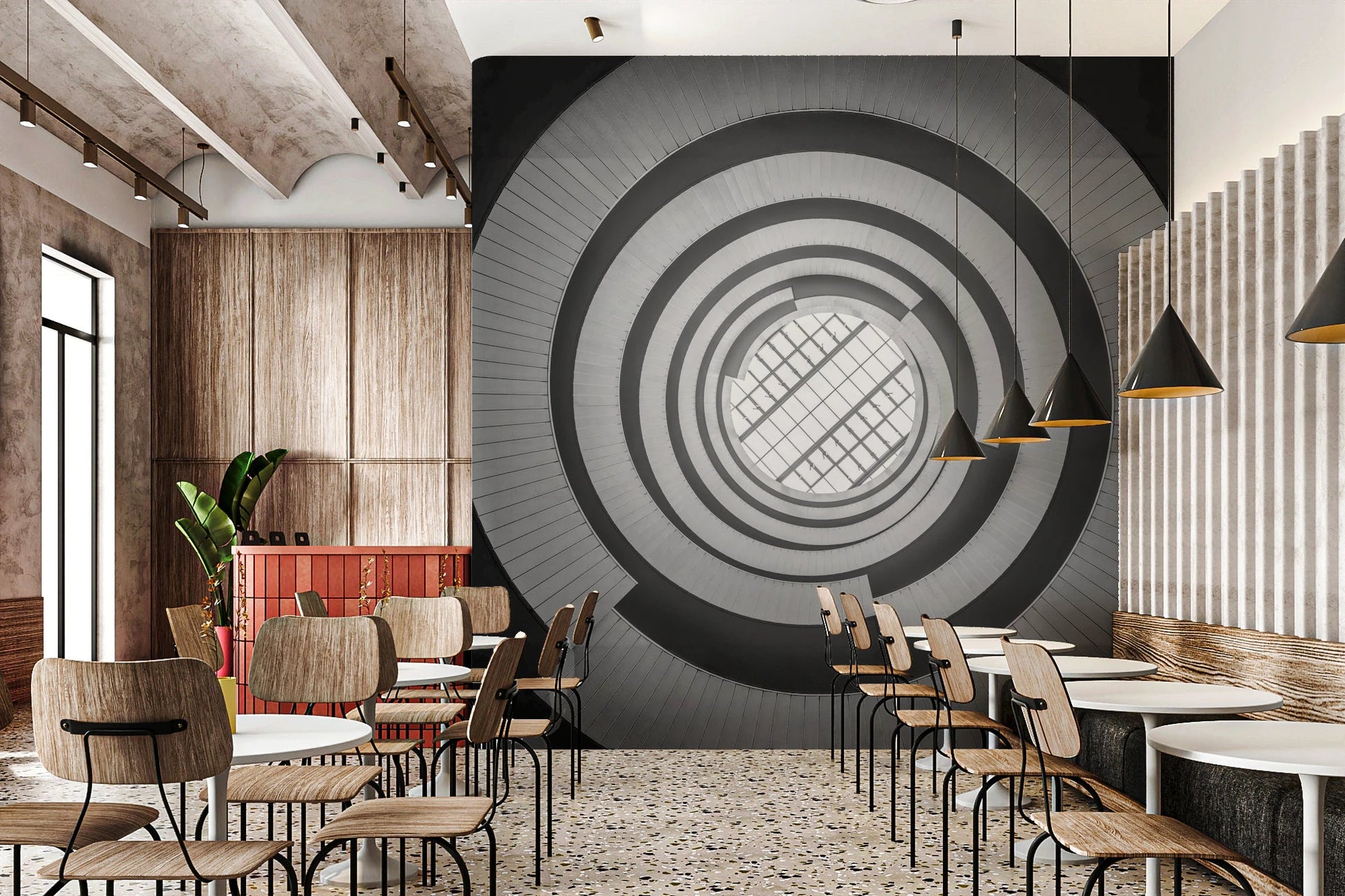 Spiral Ascent Wall Mural set in an airy Cafe with wood and natural light
