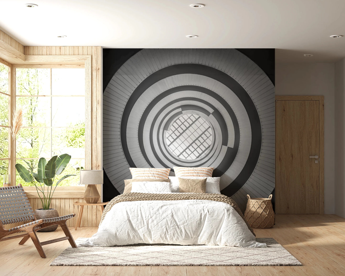 Behind the bed, Spiral Ascent Wall Mural adds a calm focal point to the bedroom