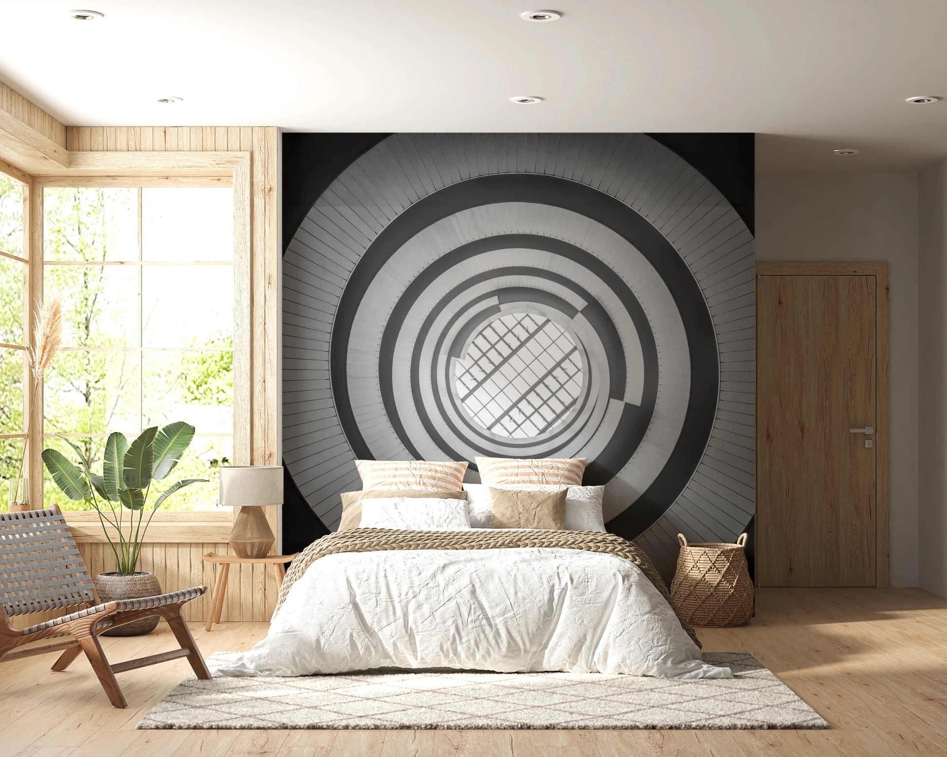 Behind the bed, Spiral Ascent Wall Mural adds a calm focal point to the bedroom