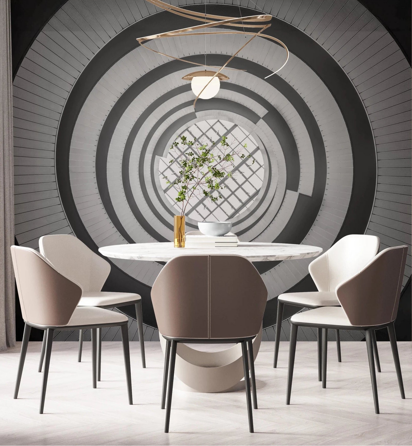 Spiral Ascent Wall Mural anchoring a soft dining space with a round table setup