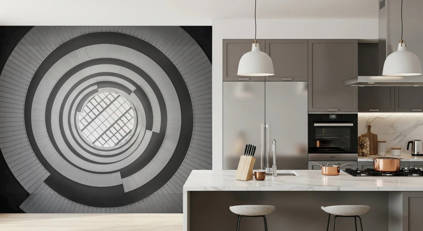 A clean Kitchen finished with Spiral Ascent Wall Mural behind the work desk
