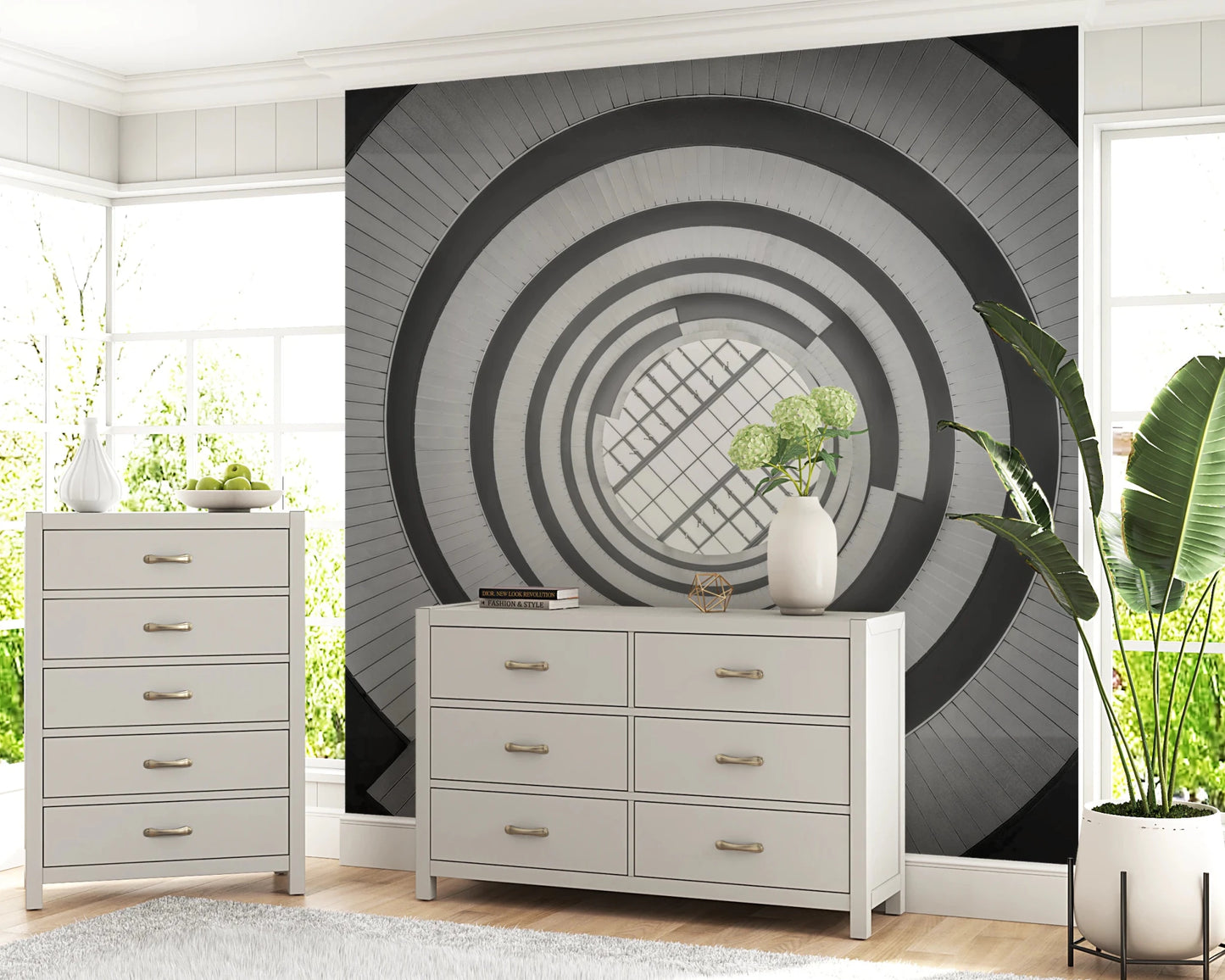 Spiral Ascent Wall Mural placed above a dresser in a neat and restful hallway 