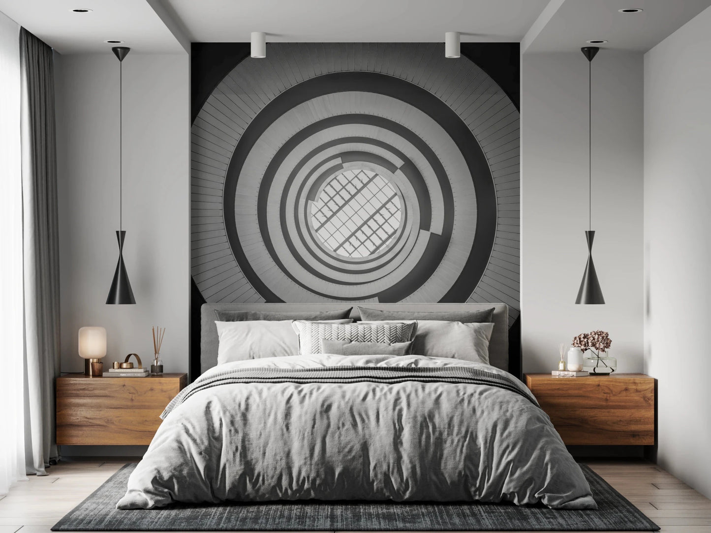 This bedroom uses Spiral Ascent Wall Mural as a bold backdrop behind the grey bed