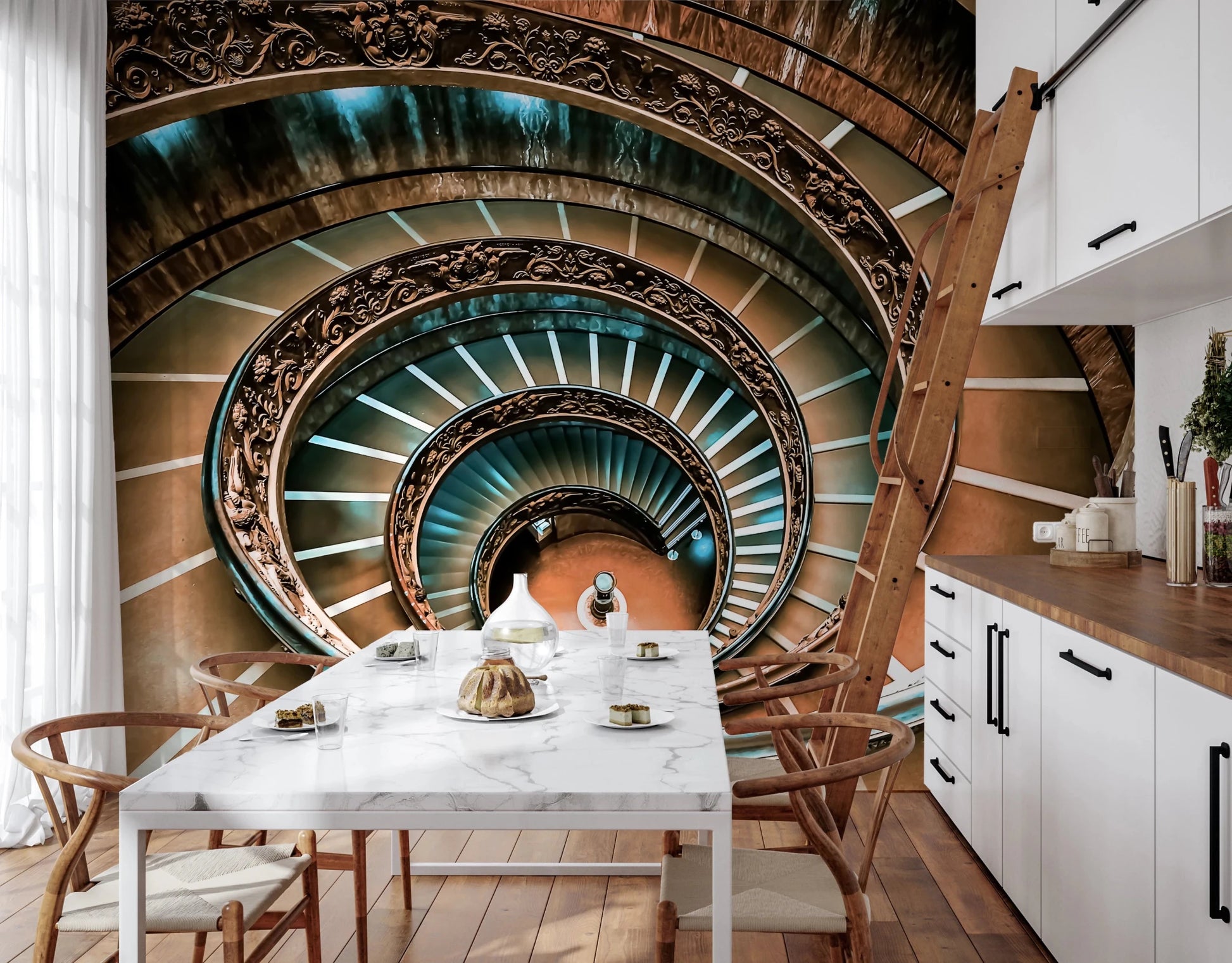 Classic luxury staircase with iron railing mural., GD8438