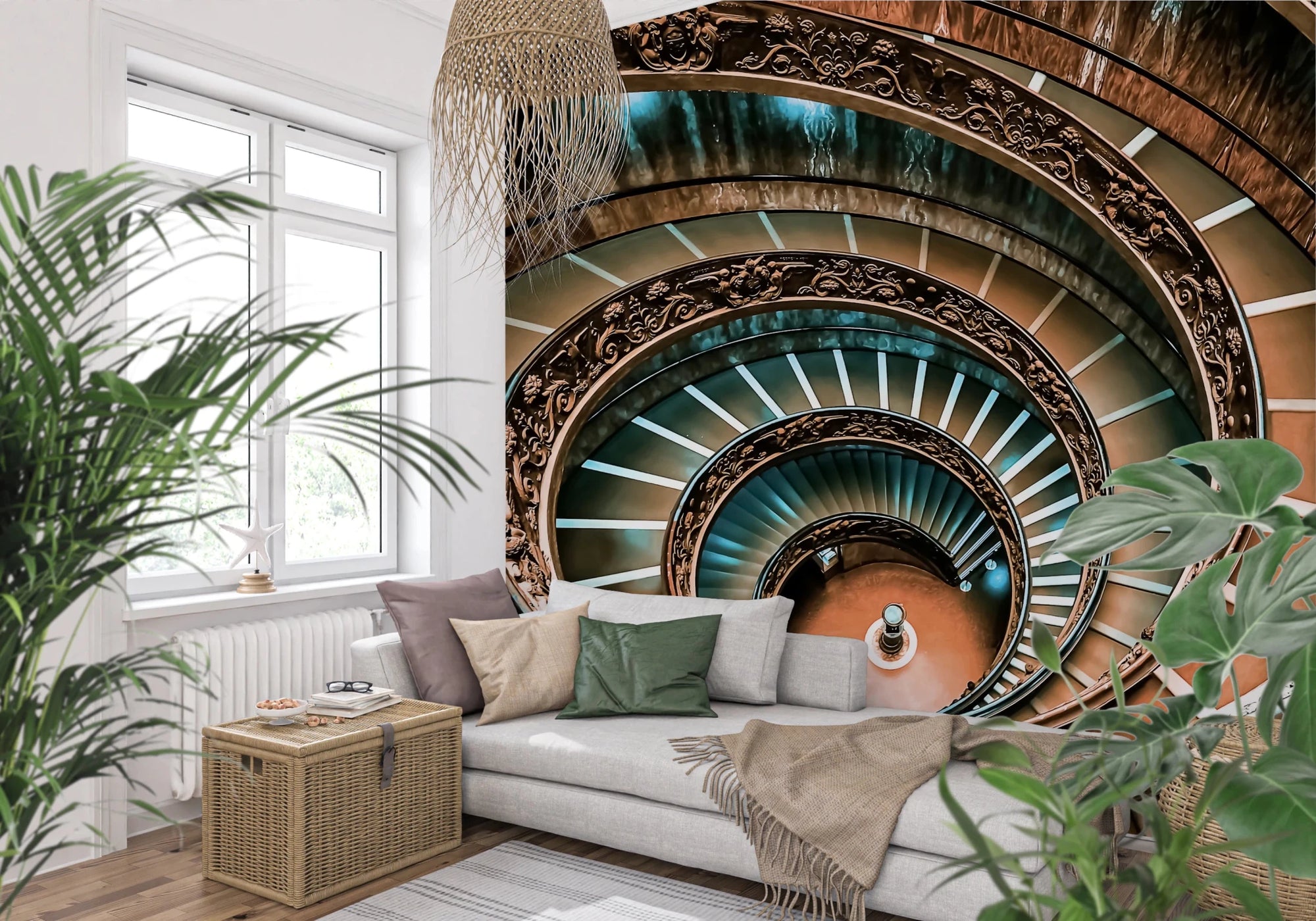 Ornate wooden spiral staircase viewed from above., GD8438