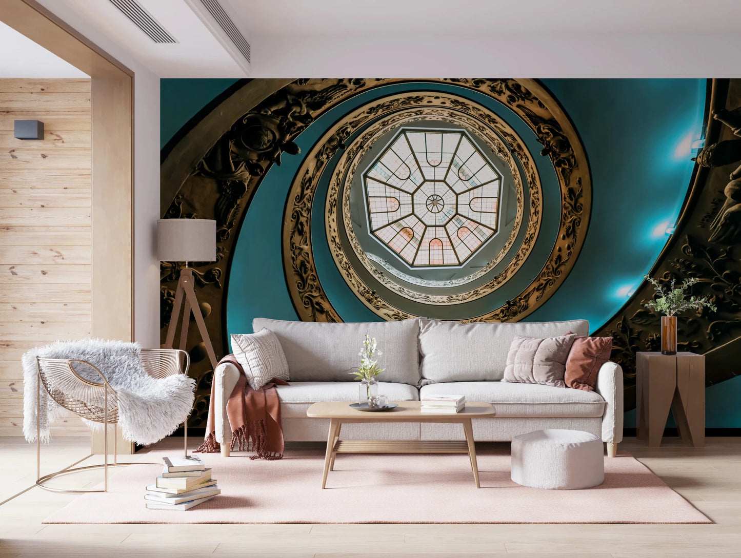 Large scale circular spiral wall mural design.