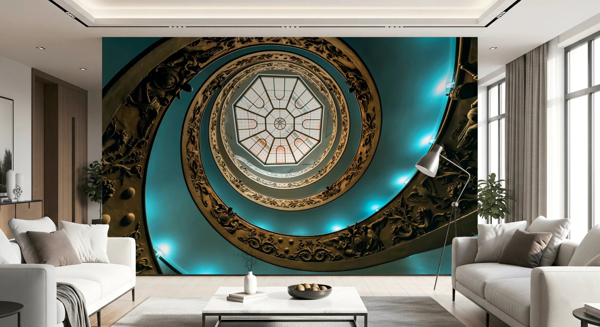 Hypnotic spiraling pattern for contemporary walls.