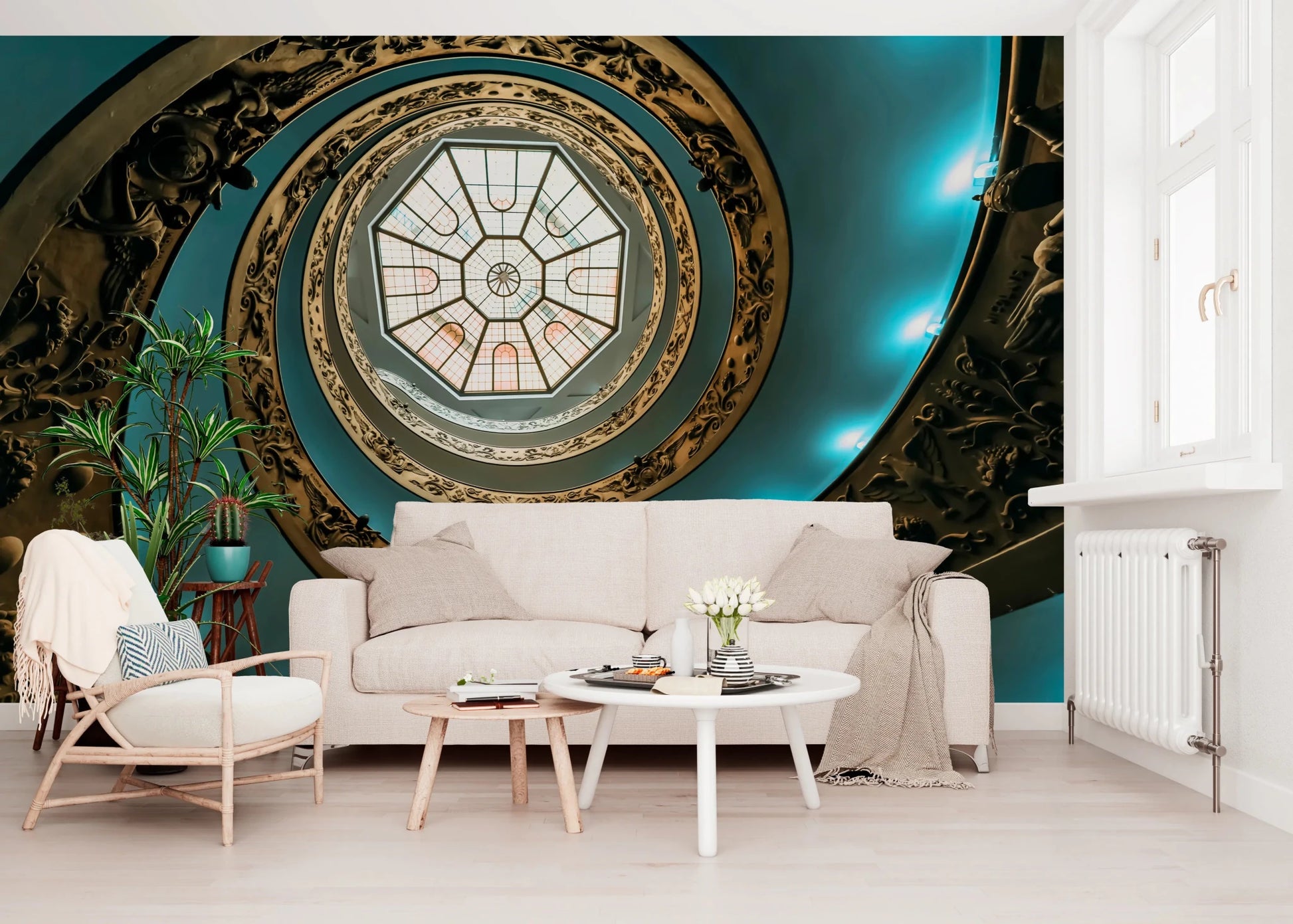 Swirling architectural lines in a modern mural.