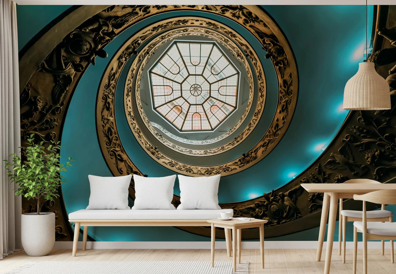 Abstract spiraling vortex wall mural in grey tones.