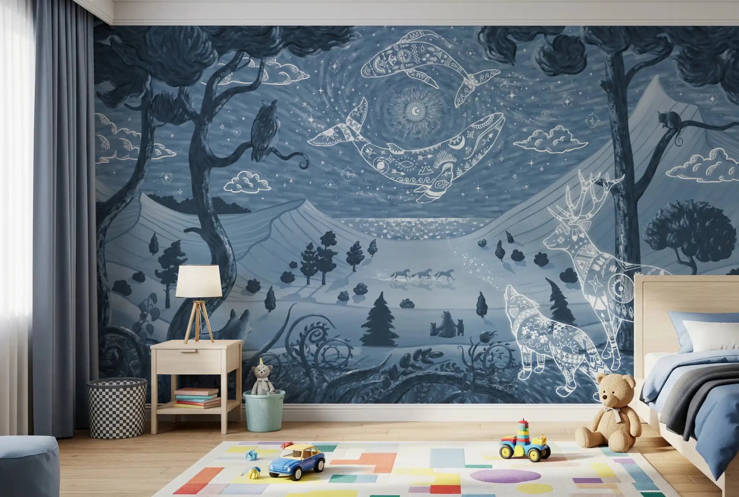 Kids play area wall styled with Spirit Night Blue Wall Mural moon scene, GD9197