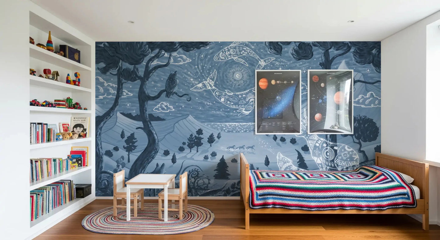 Spirit Night Blue Wall Mural with luminous deer and wolf figures, GD9197