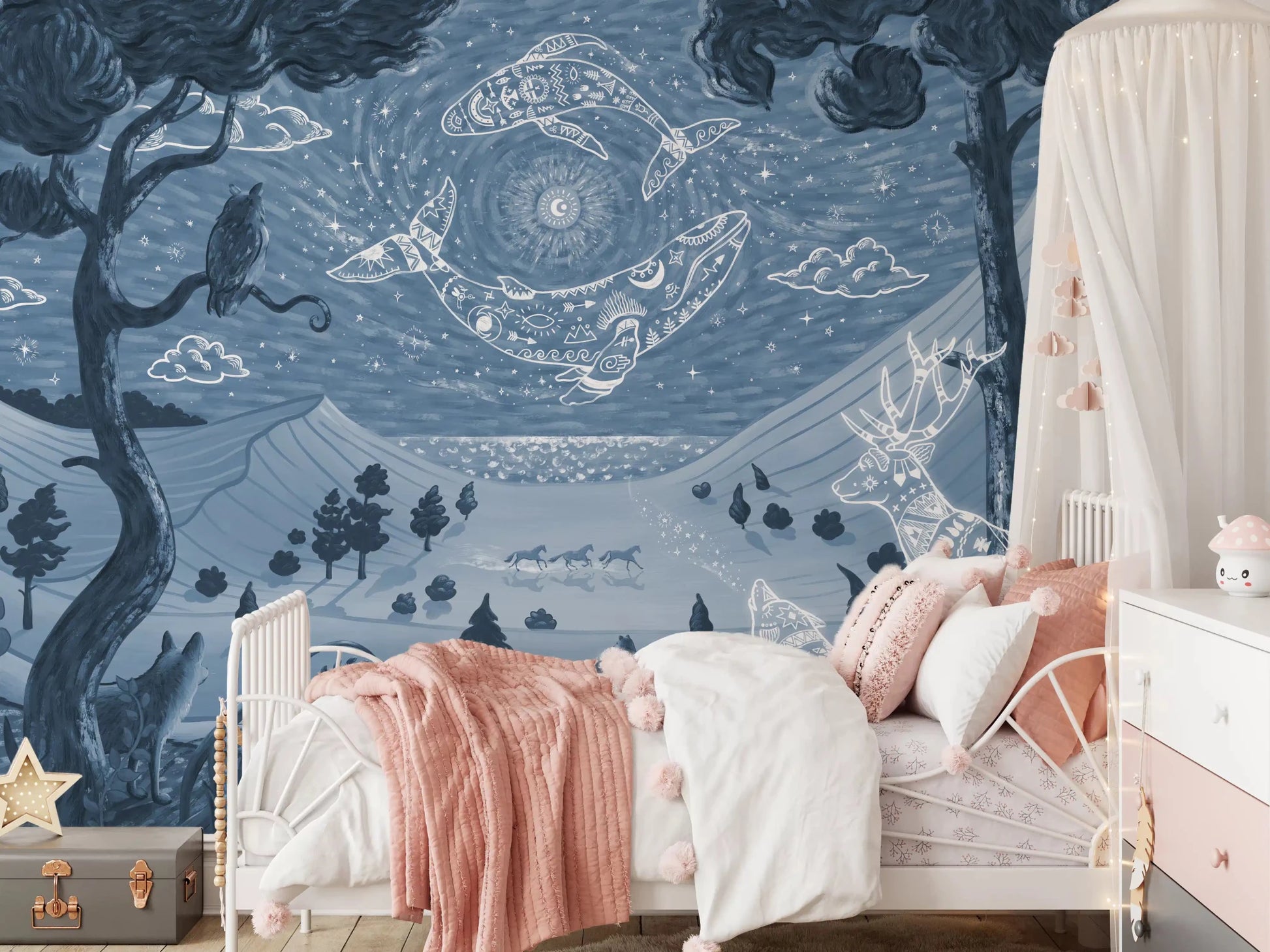 Dreamlike night sky across Spirit Night Blue Wall Mural layout, GD9197