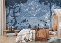 Spirit Night Blue Wall Mural showing a glowing forest valley, GD9197