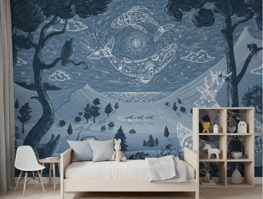 Bedroom with Spirit Night Blue Wall Mural and glowing sky art