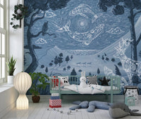 Spirit Night Blue Wall Mural with stars, hills, and animal forms, GD9197