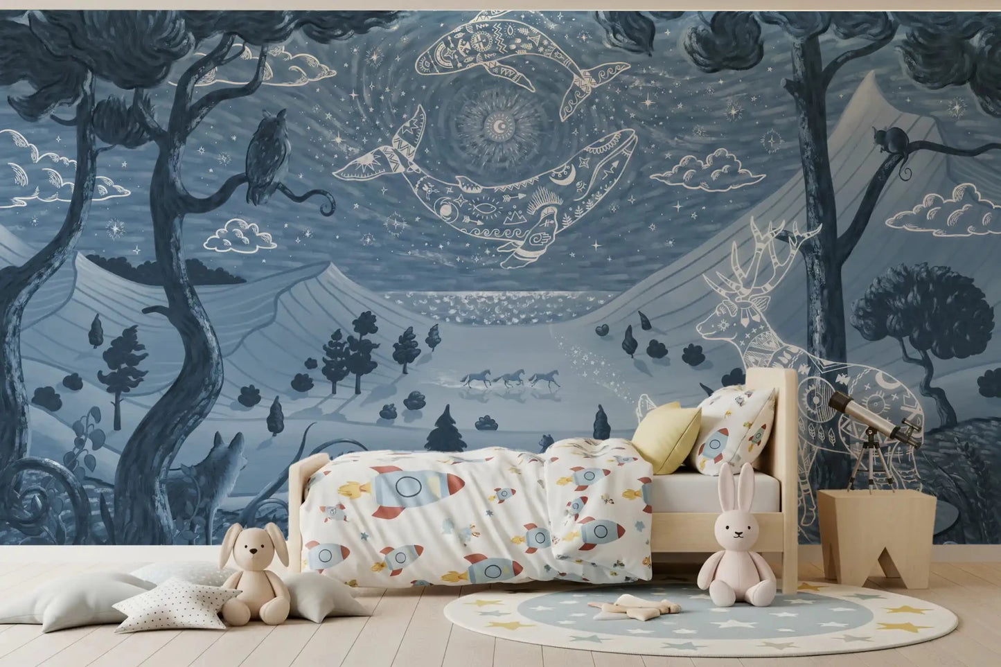 Celestial whale artwork in Spirit Night Blue Wall Mural design, GD9197