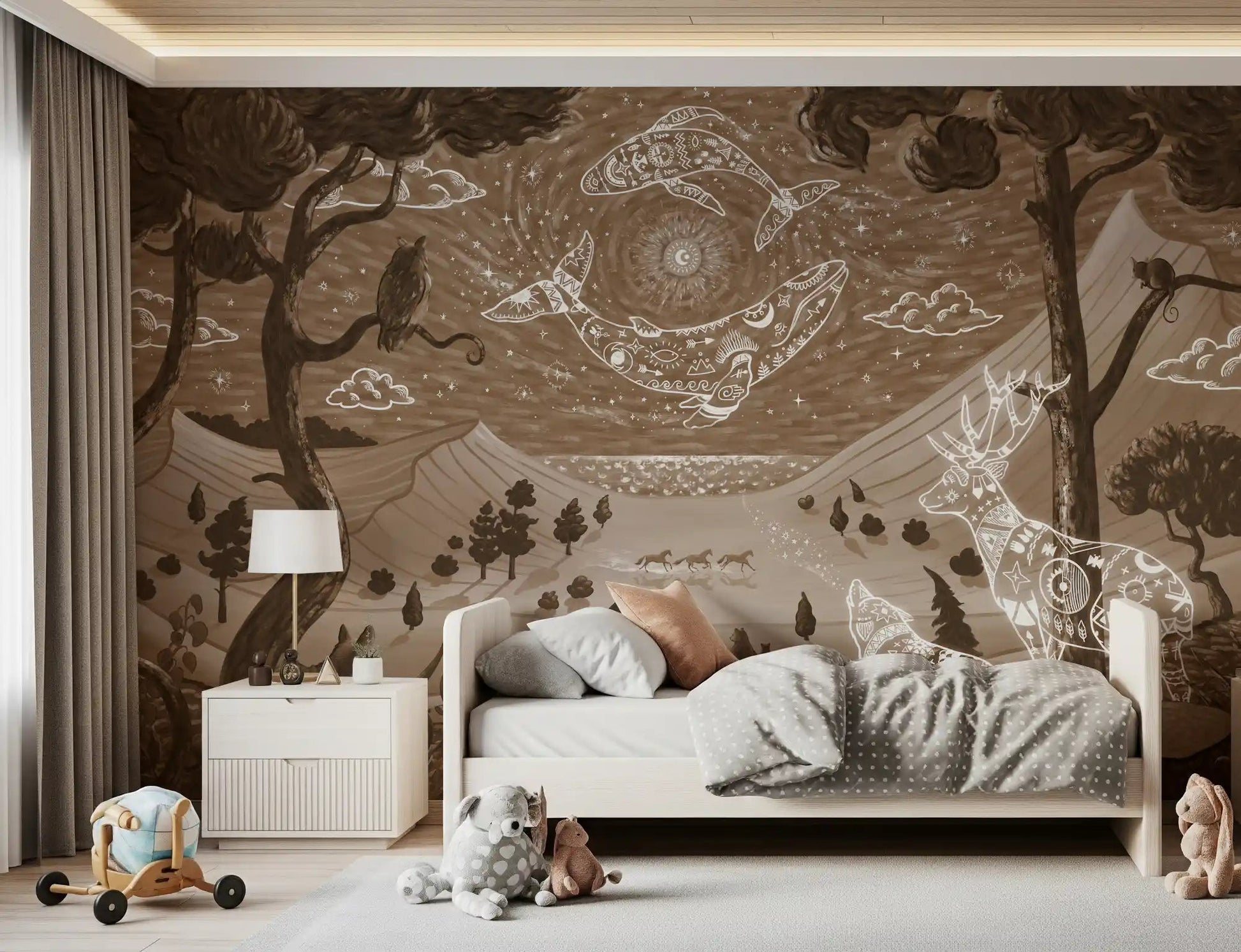 Spirit Night Brown Wall Mural with glowing deer and wolf figures, GD9200