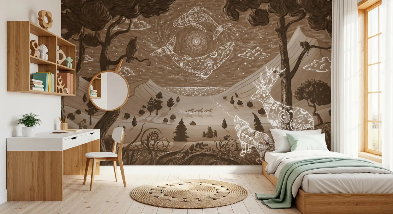 Bedroom showing Spirit Night Brown Nature Wall Mural design