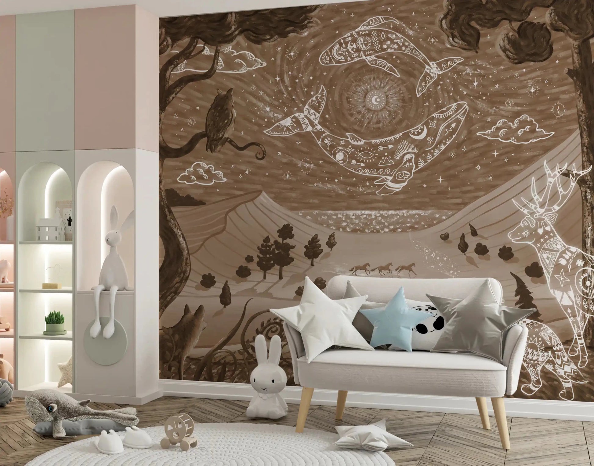 Spirit Night Brown Wall Mural with stars and animal outlines, GD9200