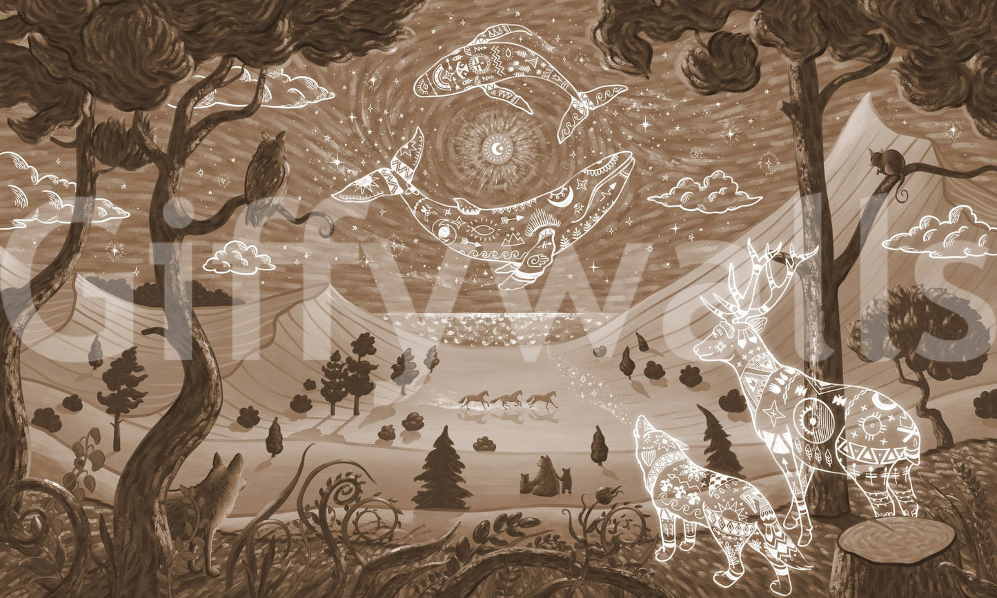 Spirit Night Brown Wall Mural with layered forest details, GD9200