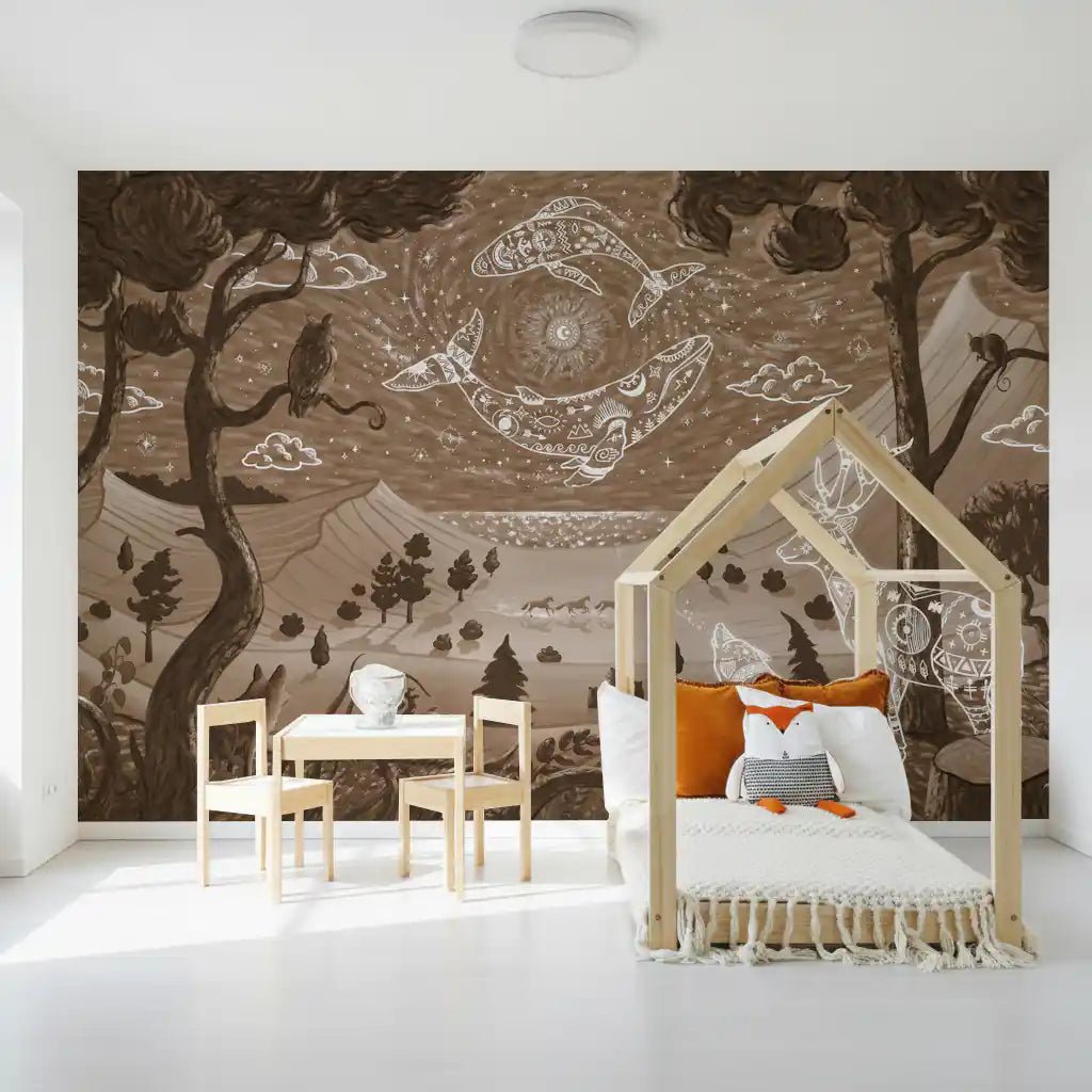Kids room with Spirit Night Brown Wall Mural and forest artwork, GD9200