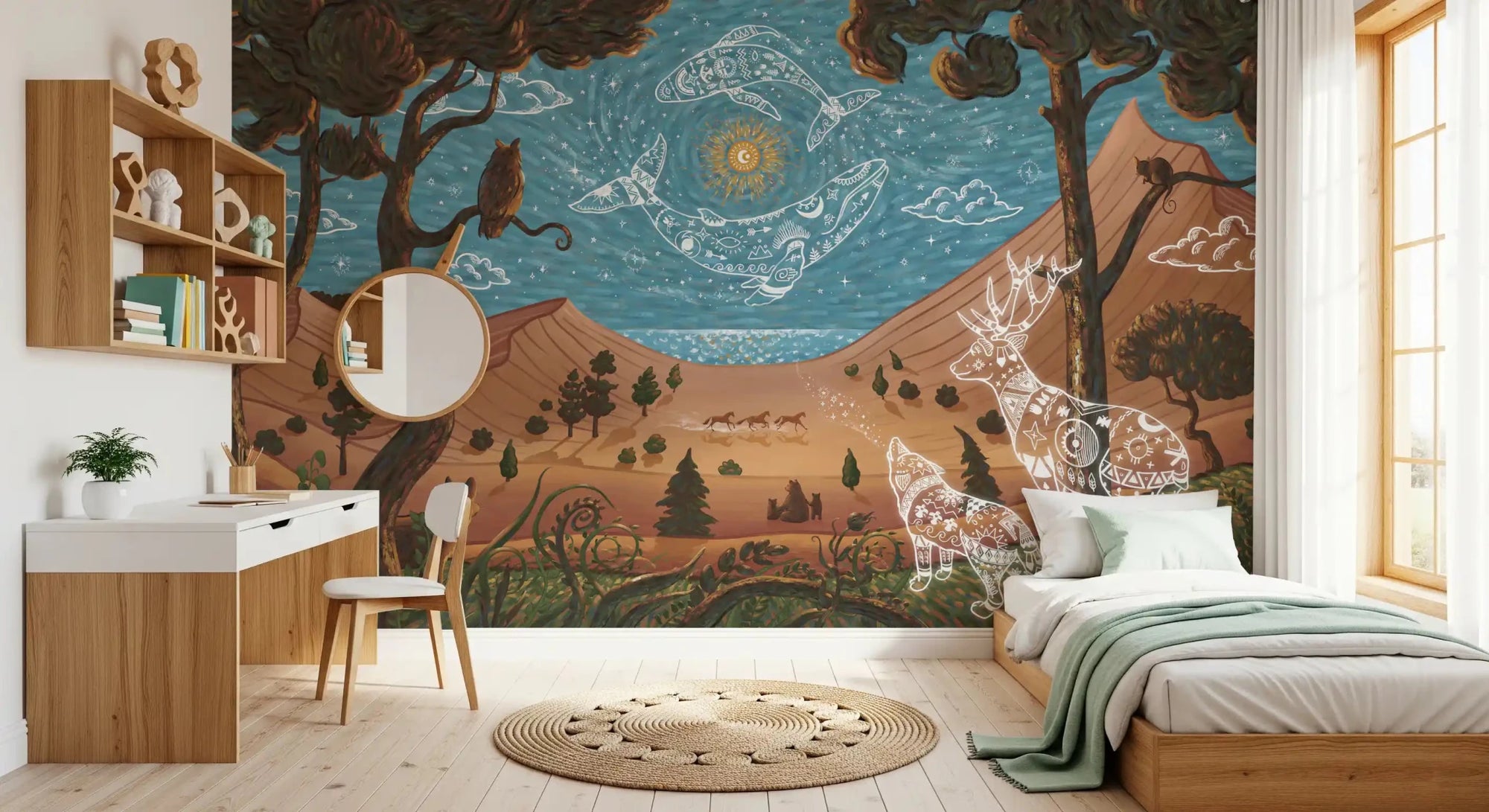 Bedroom with Spirit Night Wall Mural glowing forest sceneGD9198