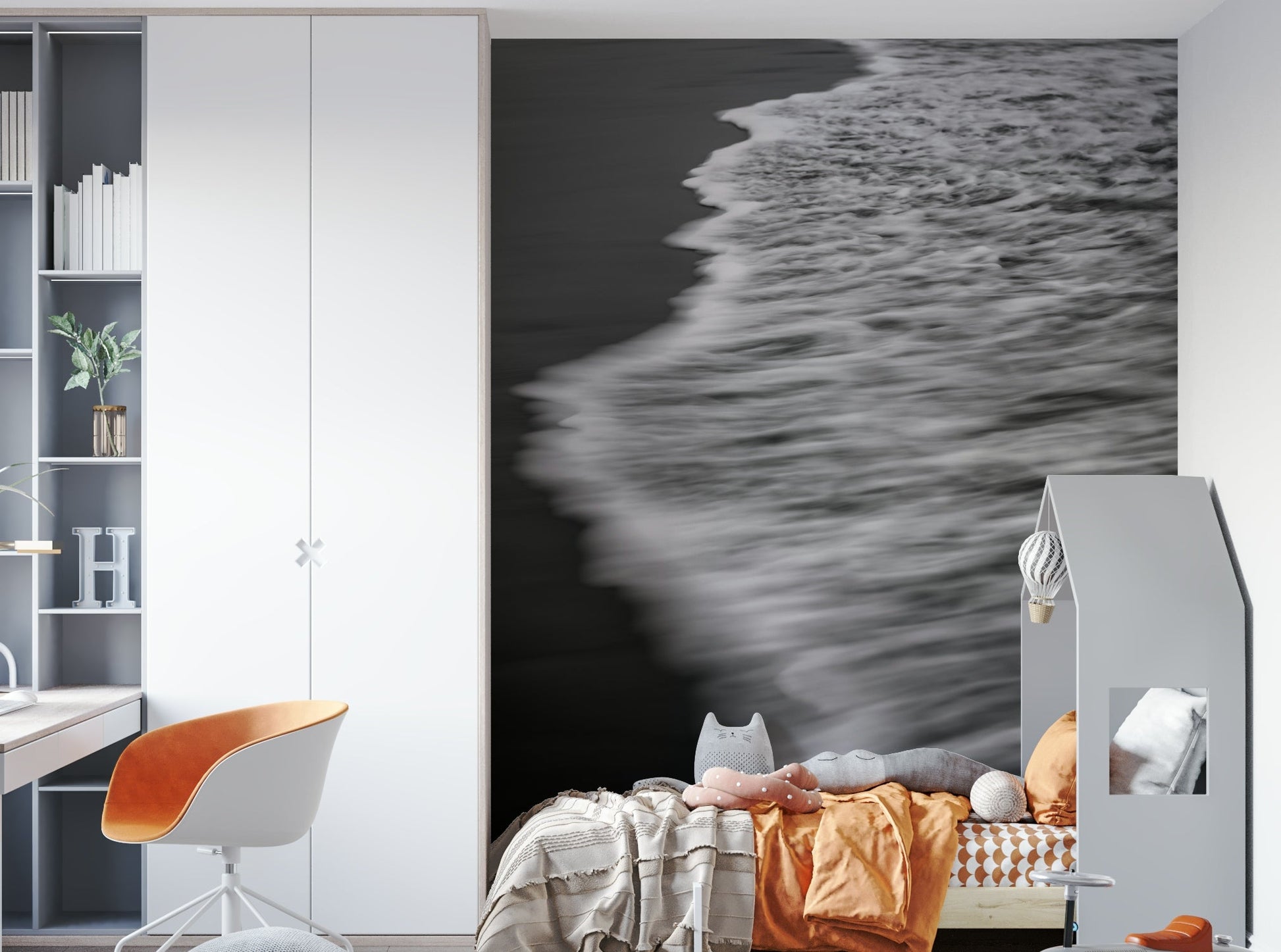 A living room featuring the coastal wall mural.

