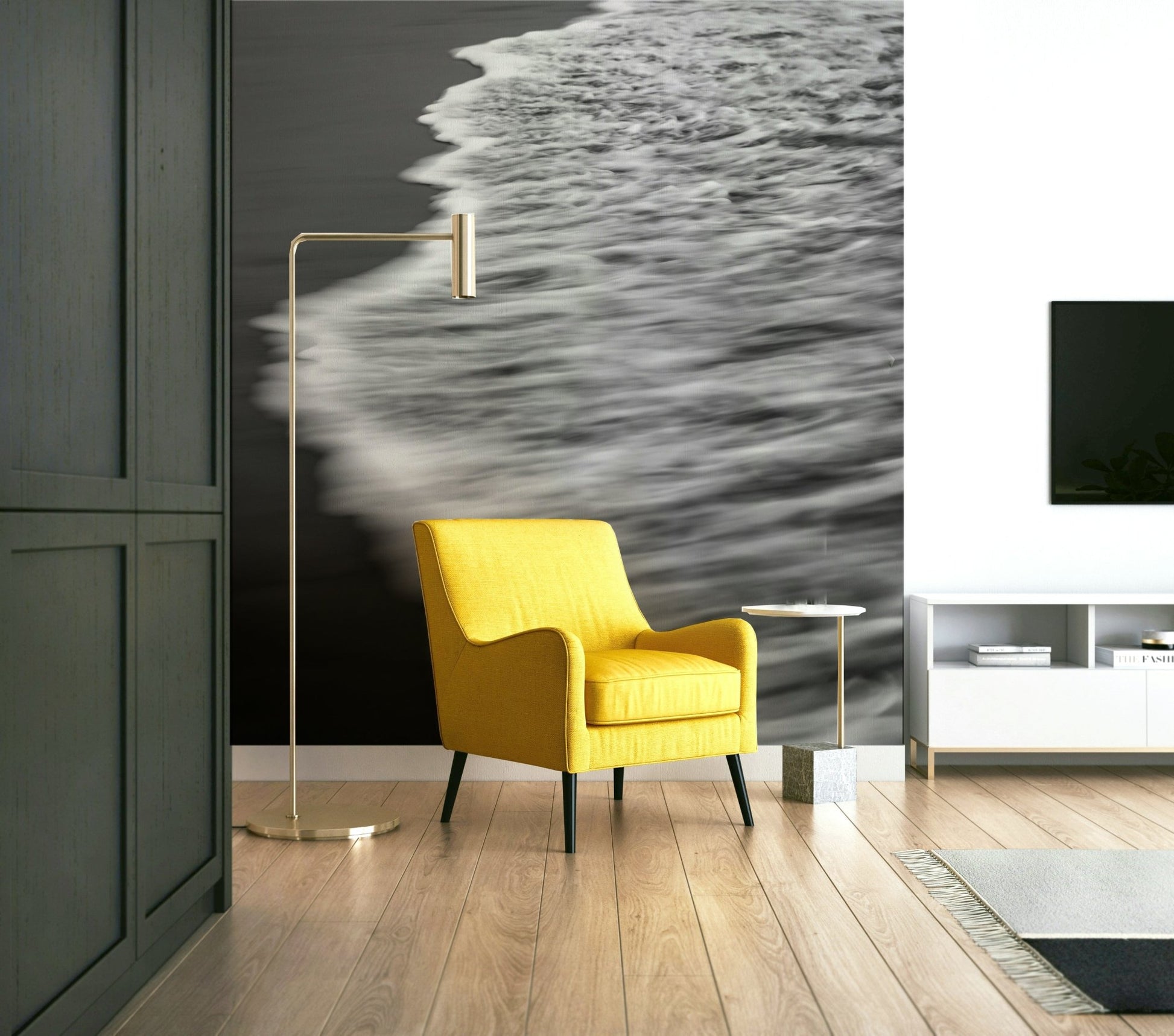 The peel and stick wallpaper showing realistic water textures.

