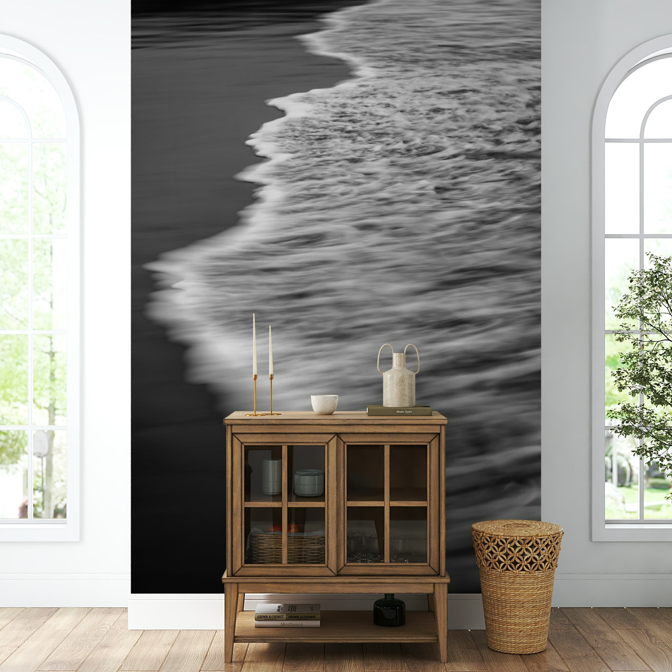 A beautiful, abstract monochrome photo of ocean waves on a shore.

