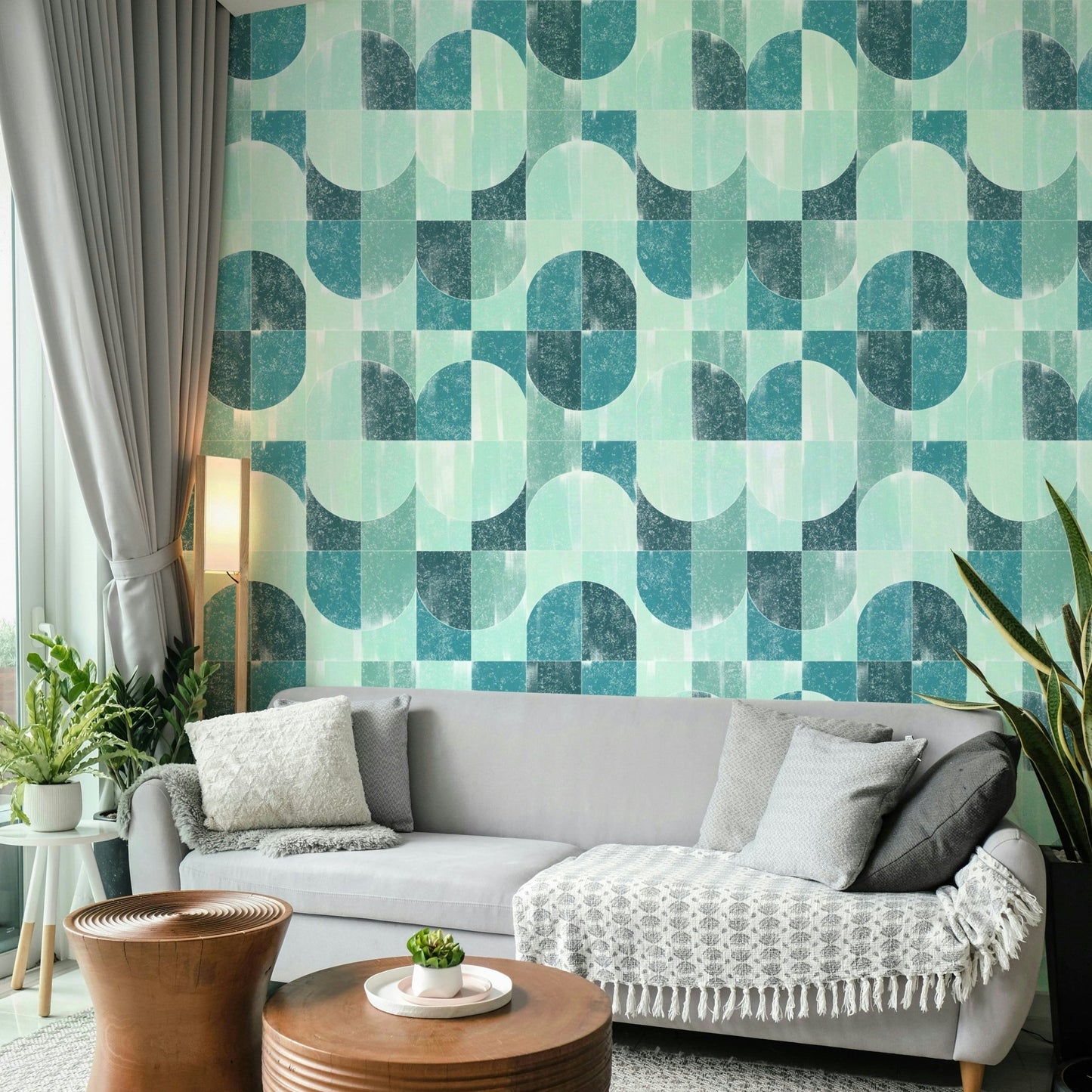Artistic wall covering with tiles.

