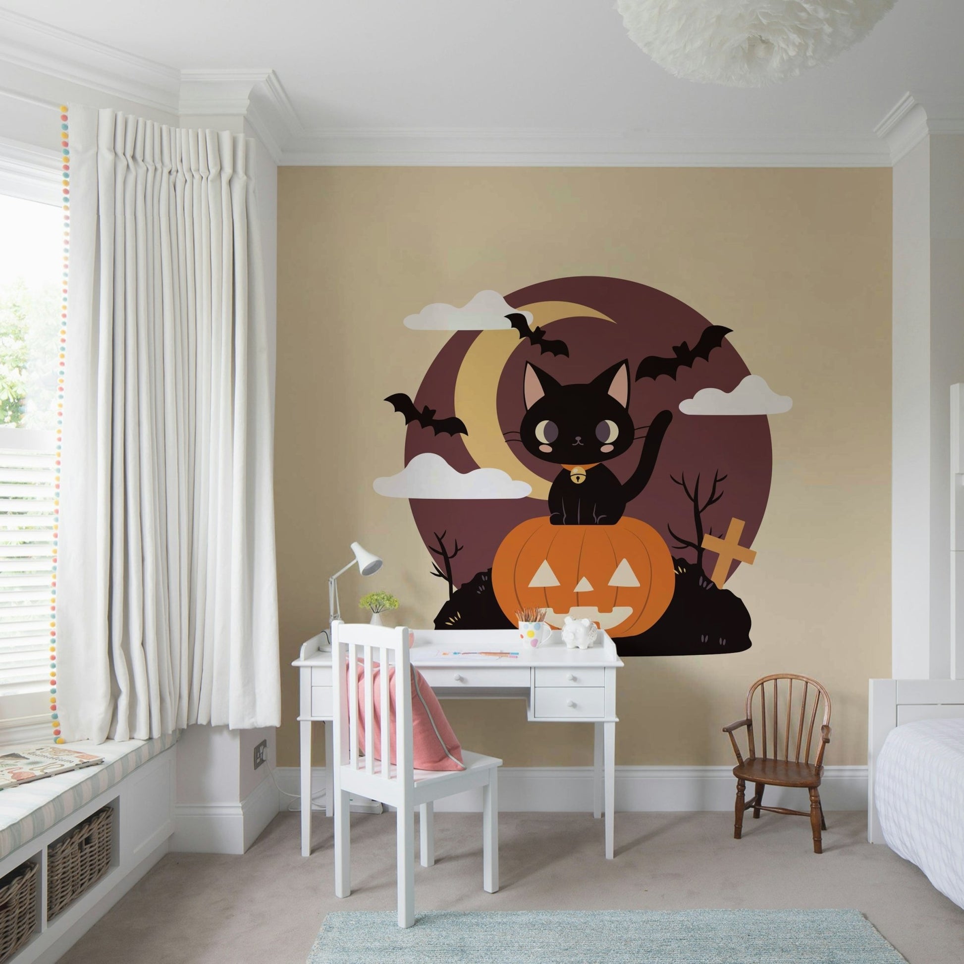 Halloween Spooky Black Cat on a Pumpkin Wall Mural.


