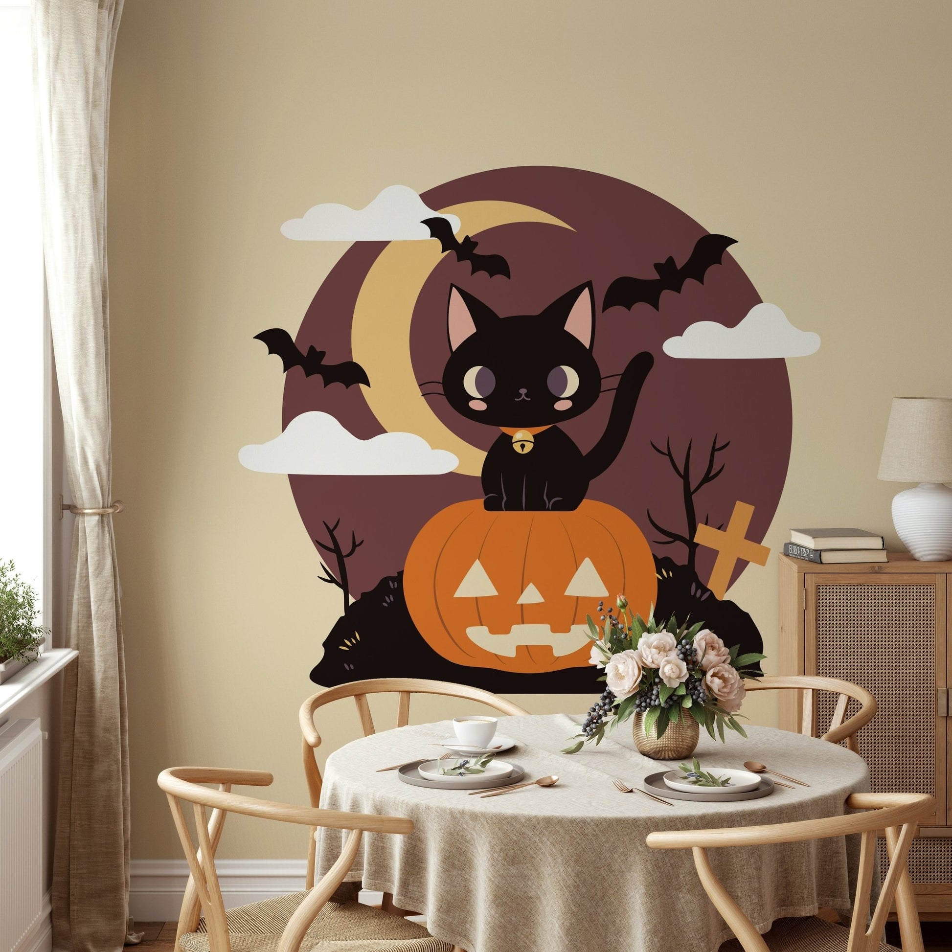Spooky Black Cat on a Pumpkin Wall Mural.


