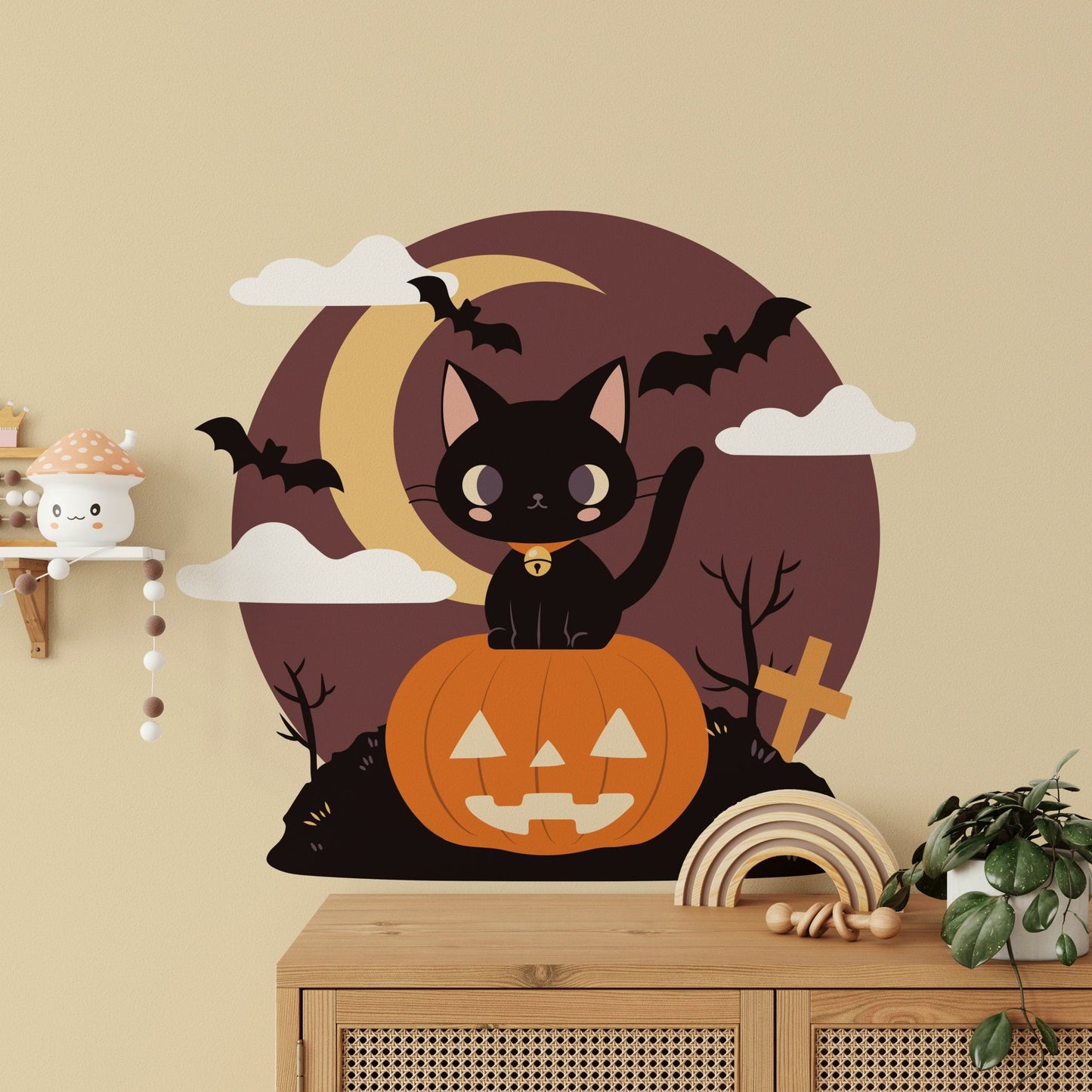 Playful Spooky Black Cat on a Pumpkin Wall Mural.
