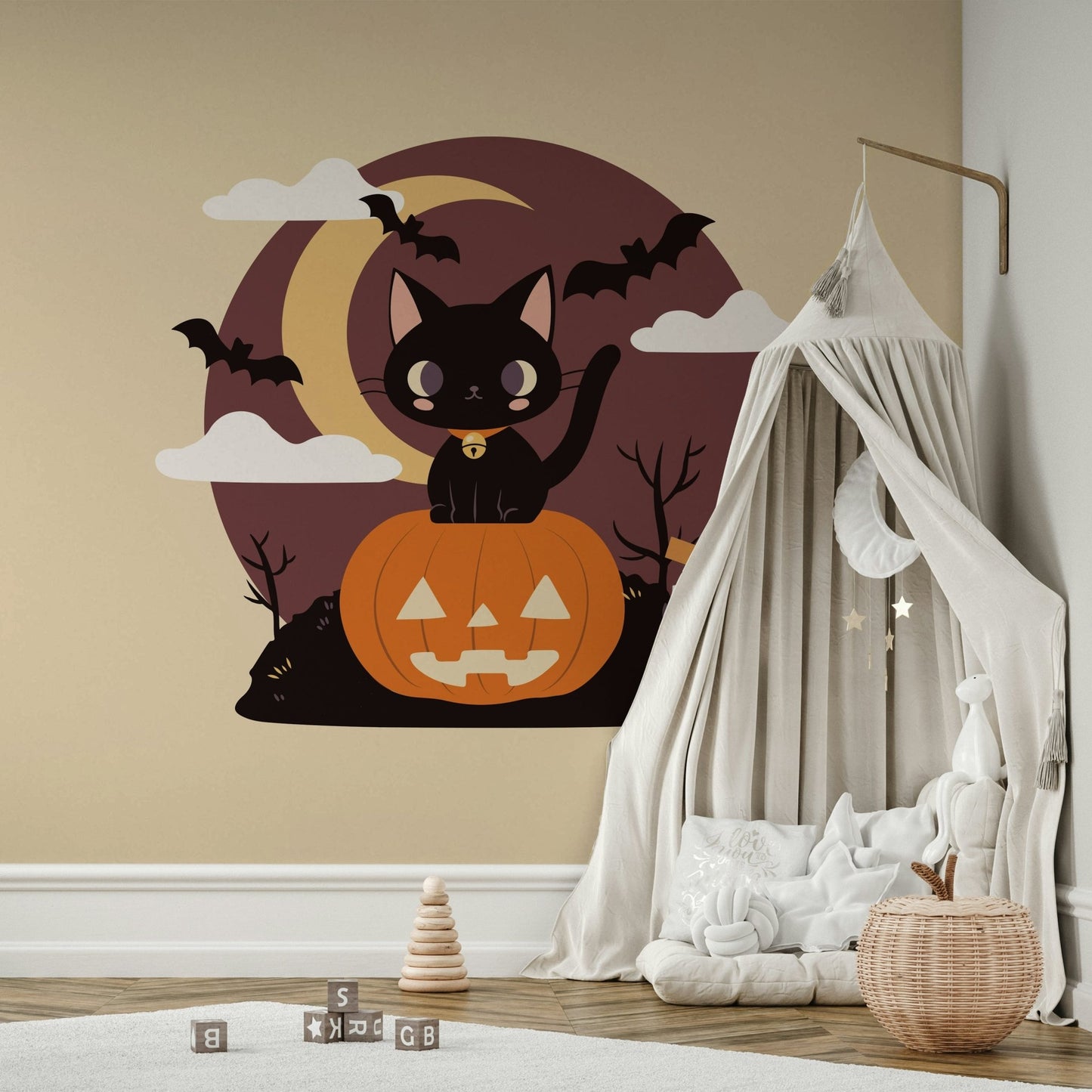 Kids' room Spooky Black Cat on a Pumpkin Wall Mural.
