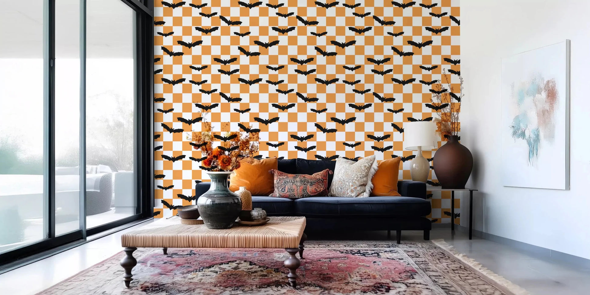 Close-up of Spooky Bats pattern on a checkered wallpaper GD9458