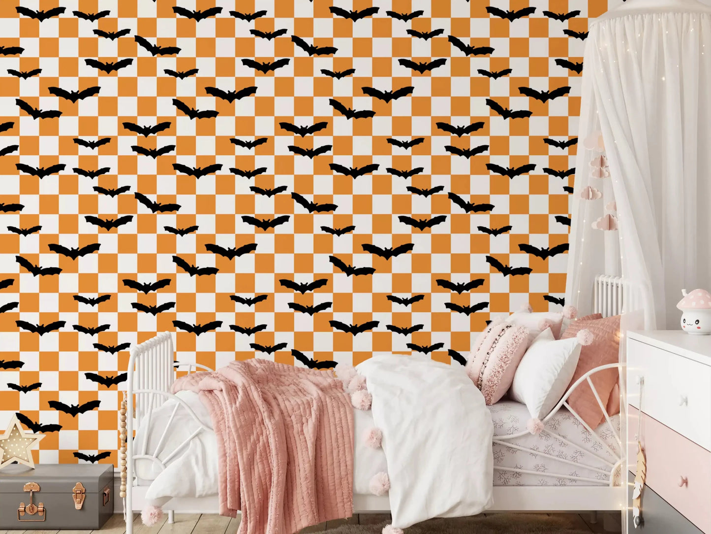 Black bat silhouettes on an orange checkerboard wallpaper⁠GD9458