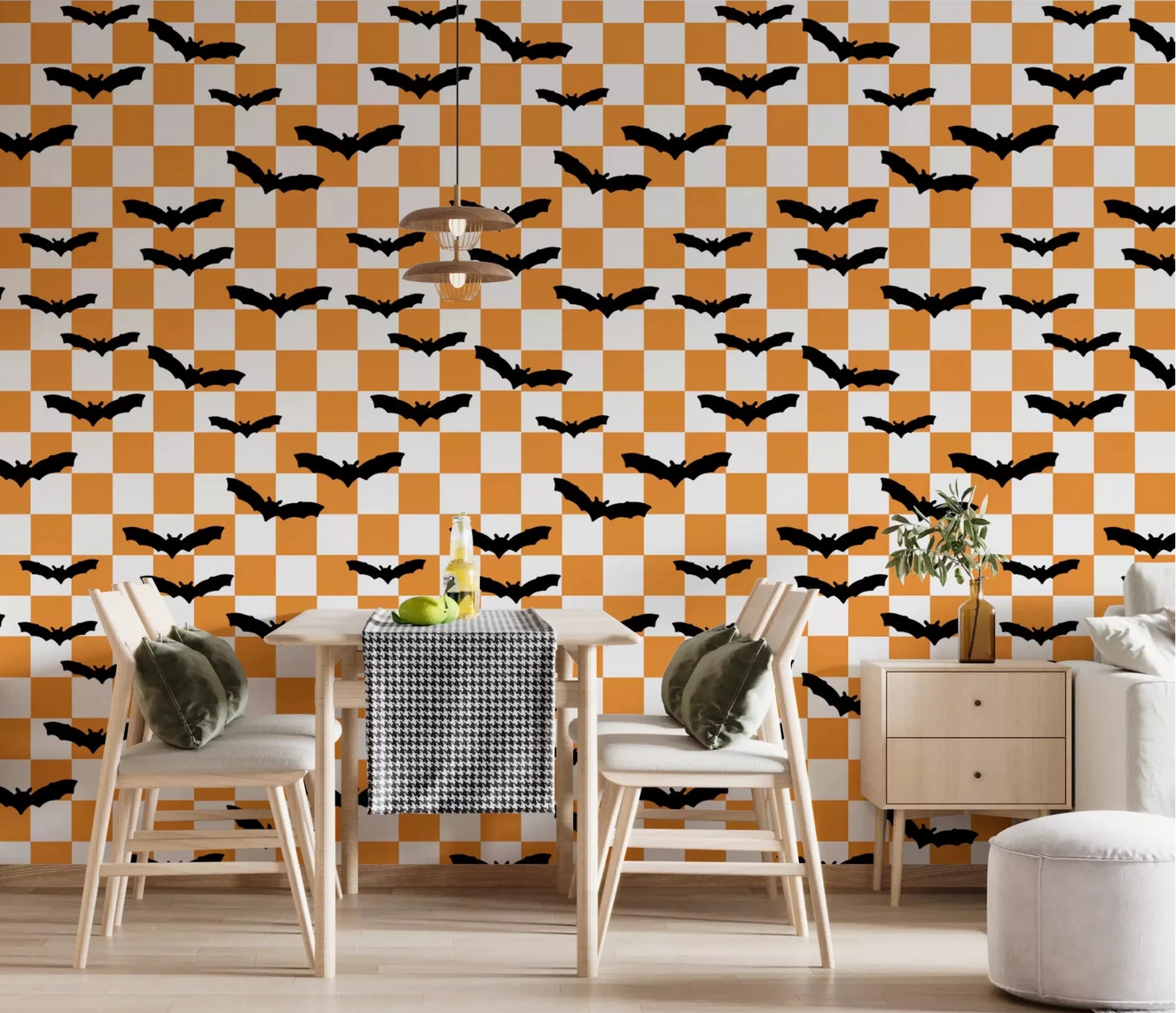 Spooky Checkerboard Bats wallpaper in a bright dining room GD9458