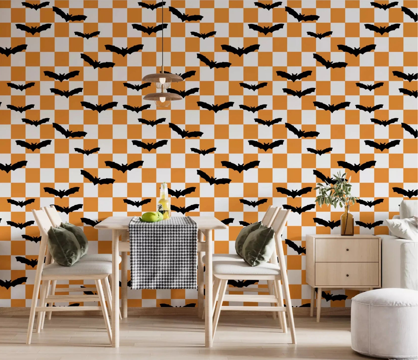Spooky Checkerboard Bats wallpaper in a bright dining room GD9458