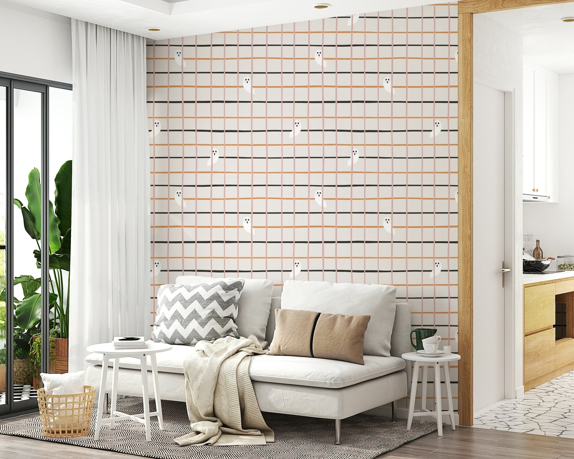 Spooky Season Stripes Wallpaper, quirky ghost pattern, beige and black wall decor., GD6649