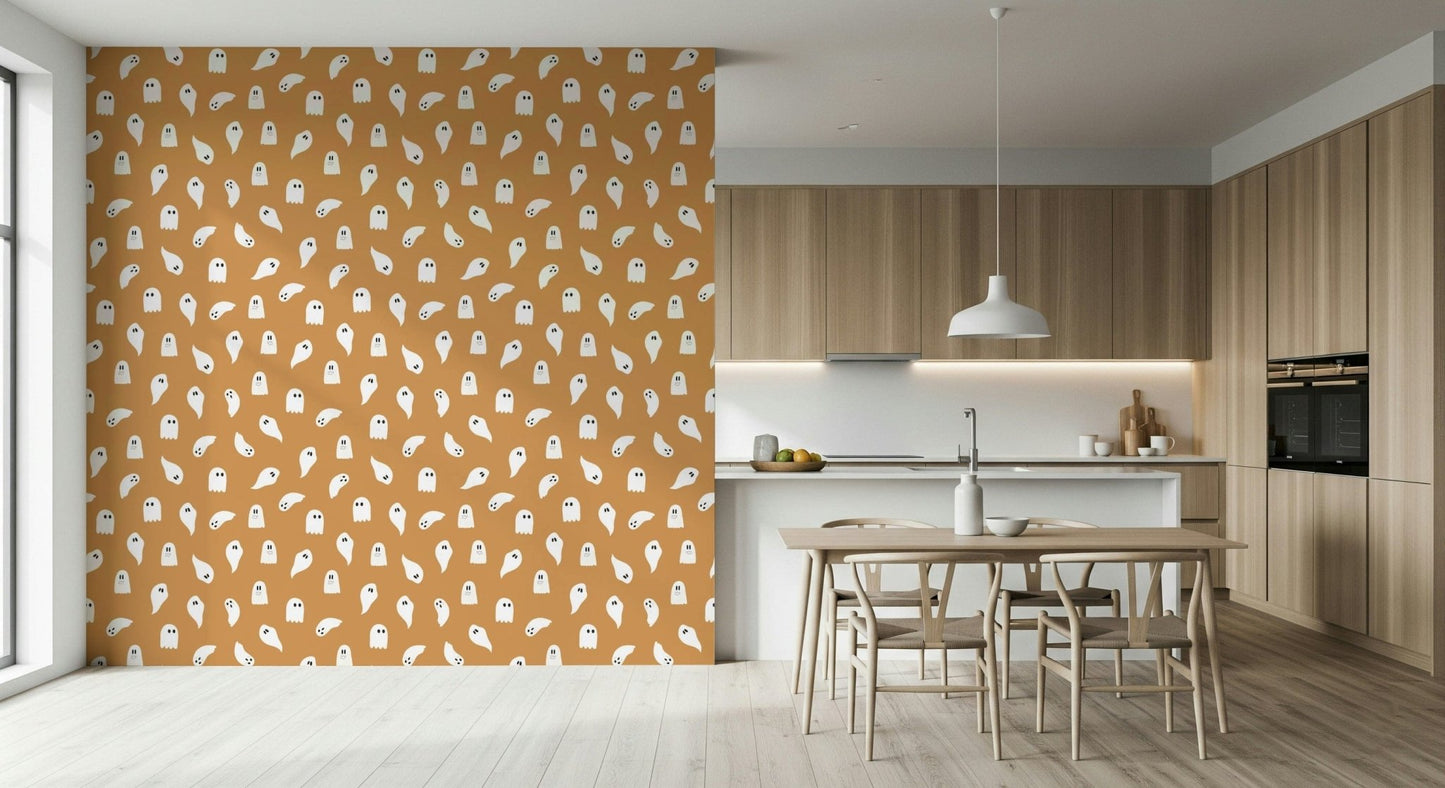 Enigmatic "Spooky Specters! Wallpaper" wall scrim, a repeating ghost pattern.