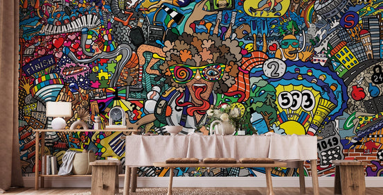 Dynamic sports collage graffiti wallpaper mural for active spaces., B319