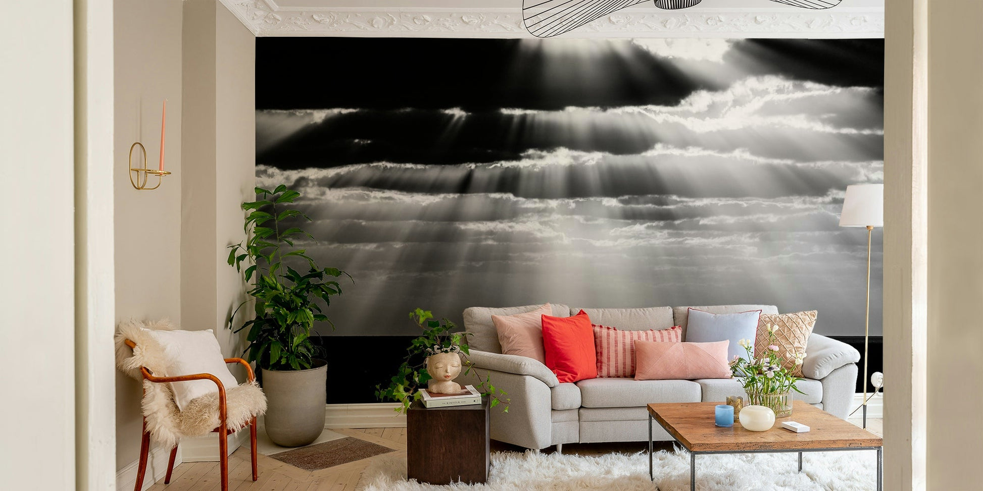 A peaceful geometric abstract mural on decorative wallpaper.

