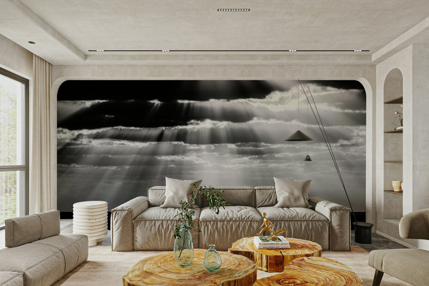 A calming modern design wallpaper mural that defines a space.

