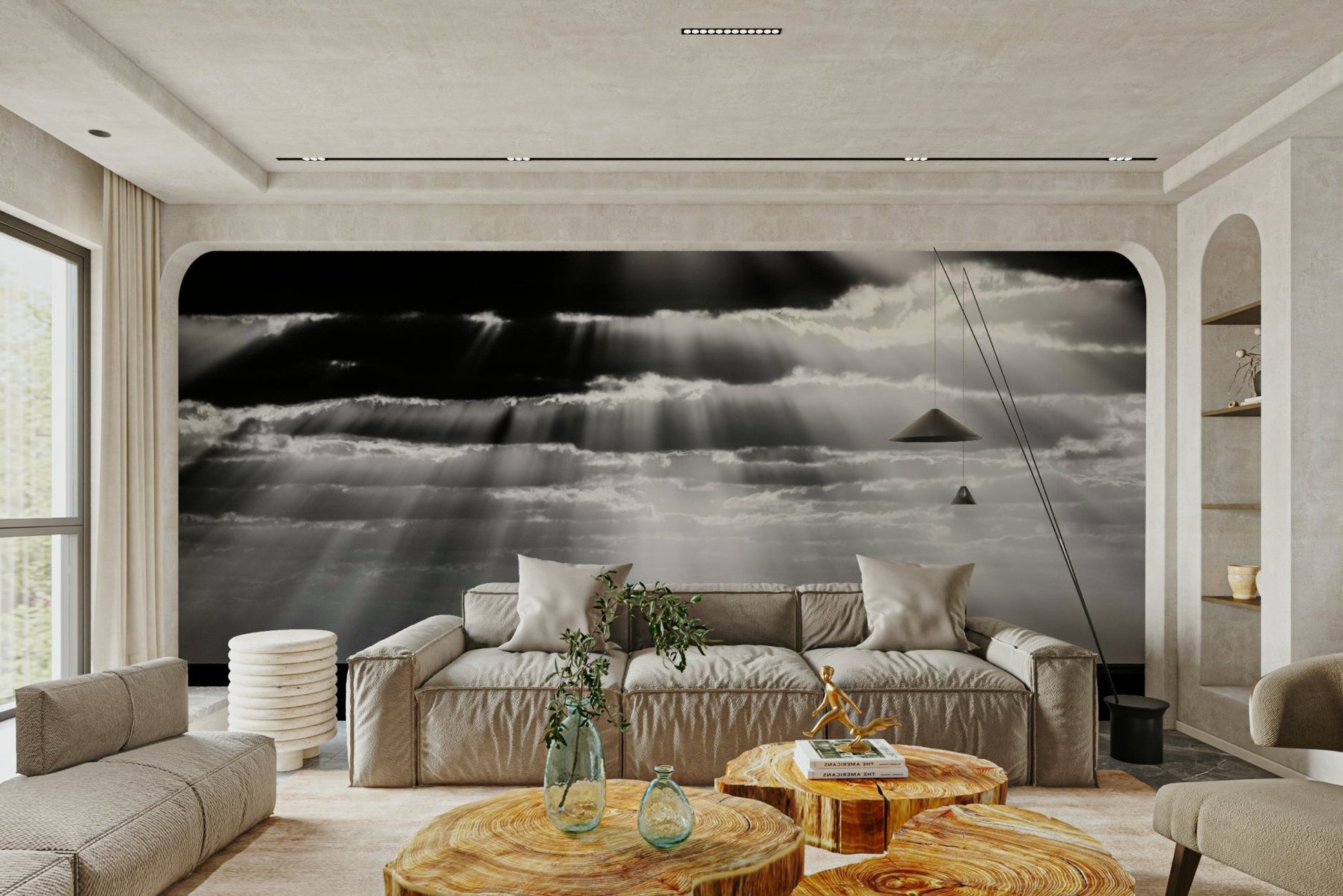 A calming modern design wallpaper mural that defines a space.

